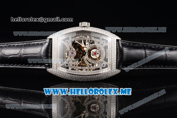 Franck Muller Cintree Curvex Skeleton Asia 2813 Automatic Steel Case with Skeleton Dial Brown Leather Strap and Diamonds Bezel - Click Image to Close